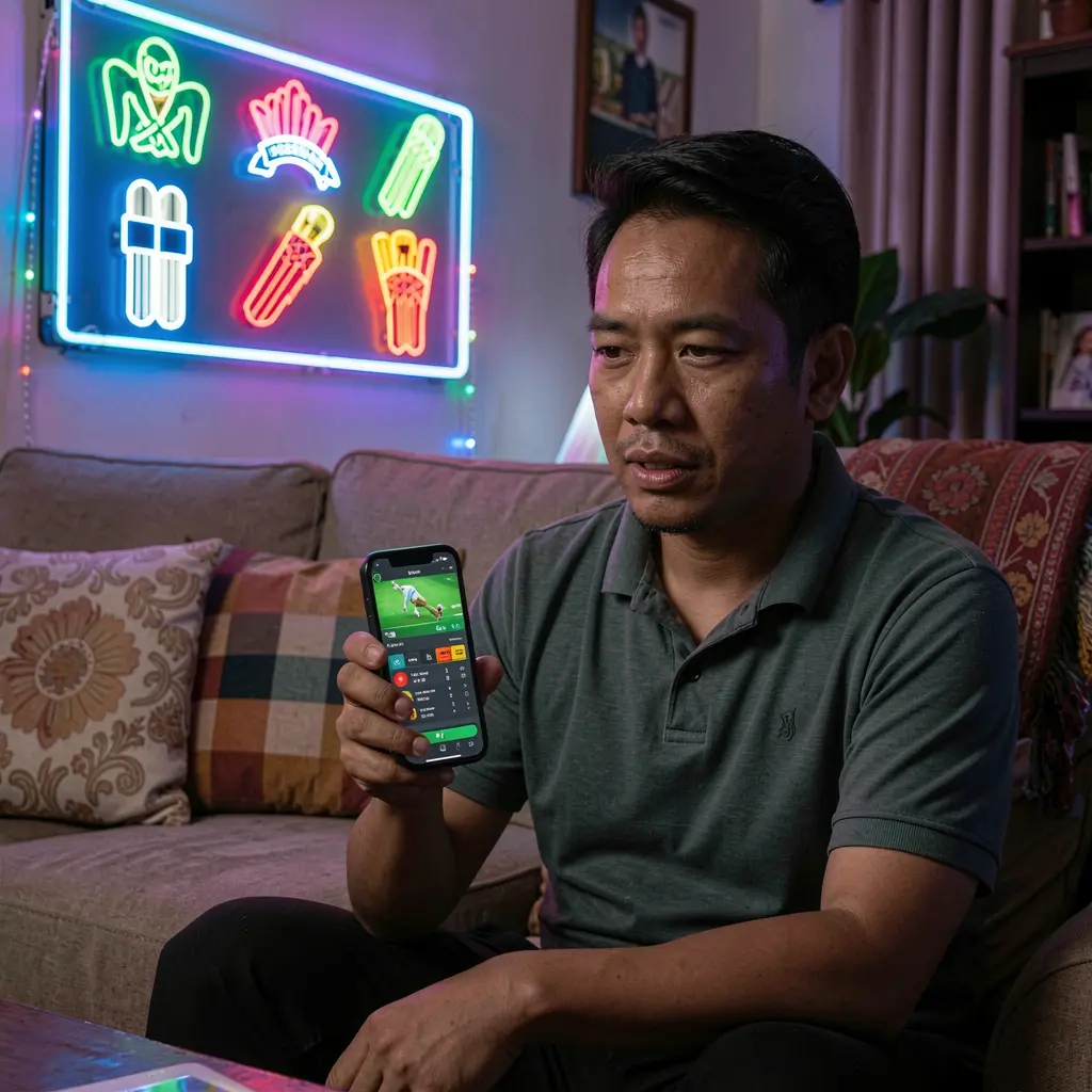 Focused Filipino player using the BCJILI sports betting app on his phone with glowing cricket icons and neon lights in a cozy living room