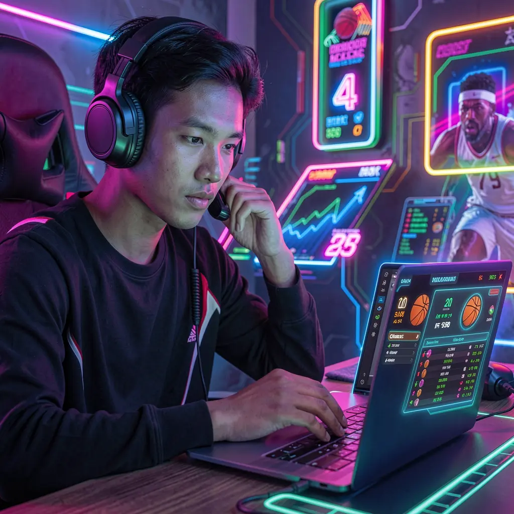 Focused Filipino bettor exploring advanced basketball betting features on a laptop with neon visuals on the BCJILI betting platform