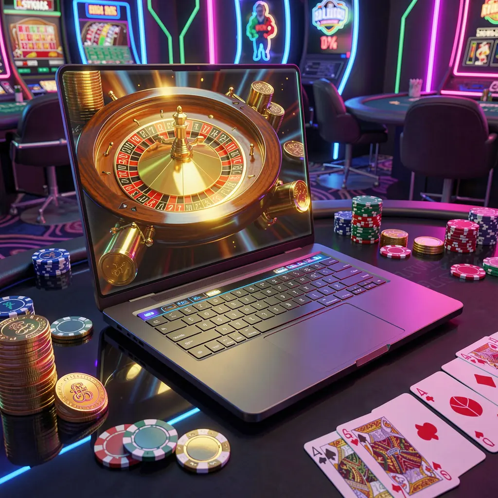 A futuristic online roulette game on a laptop surrounded by casino chips and glowing coins representing premium digital gaming on BCJILI in the Philippines