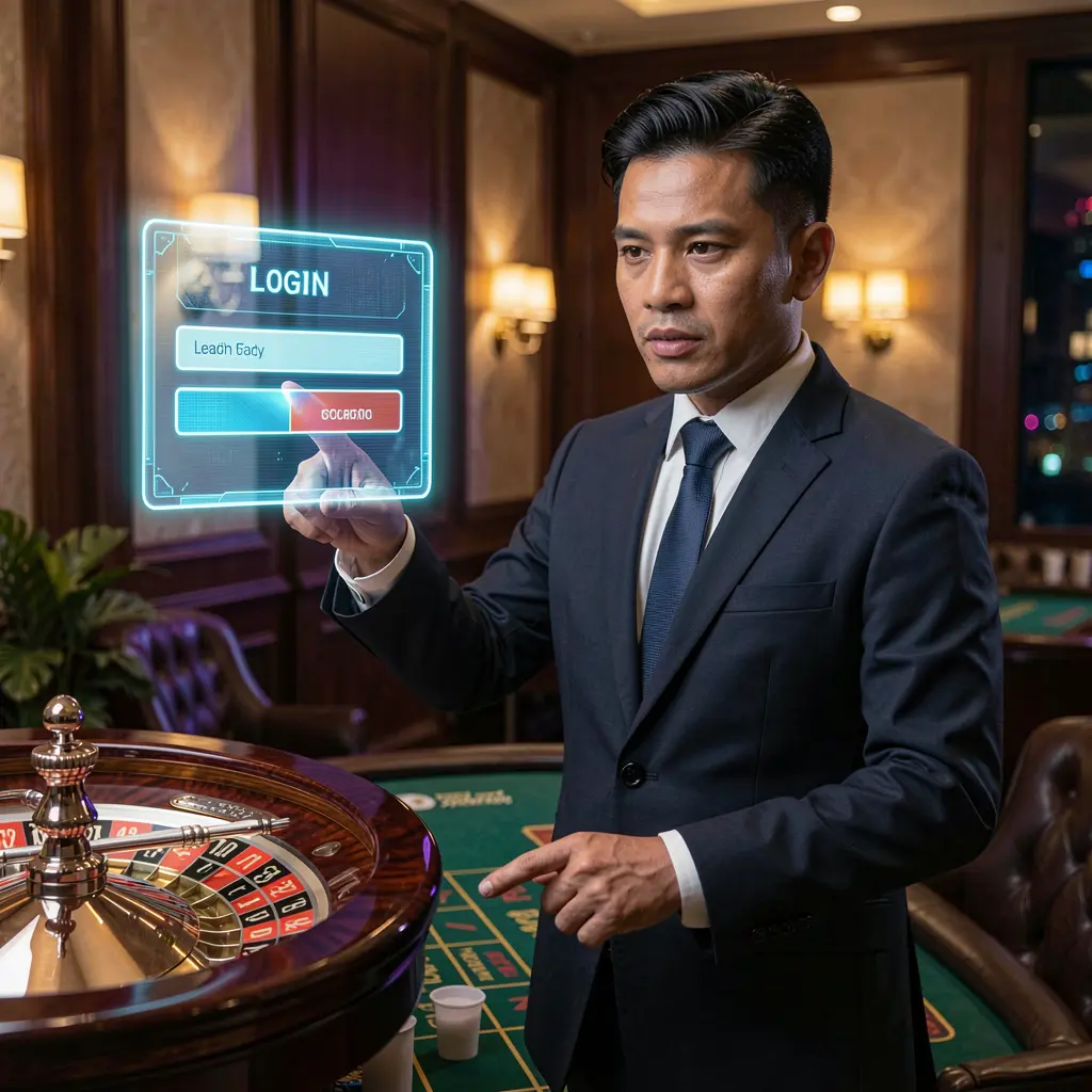 Professional Filipino casino dealer pointing at a futuristic holographic login panel above a glowing roulette table representing BCJILI in the Philippines