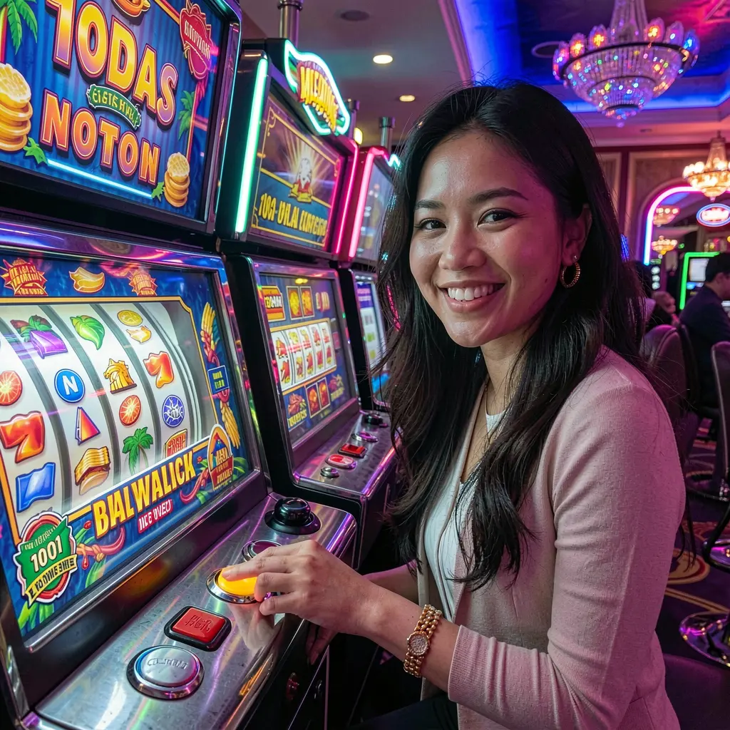 A joyful Filipino woman pressing the spin button on a modern slot machine with bright reels and colorful casino lights at BCJILI casino in the Philippines
